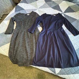 Bundle of 2 Merona  Navy and Black Striped Long Sleeve Dresses. Size Medium